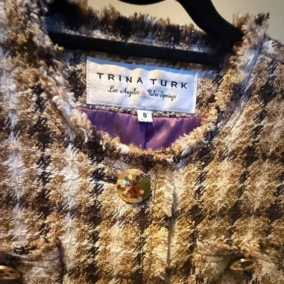 Trina Turk Gold Metallic Tweed 3/4 Sleeve Jacket w/ Gold Hardware Size 8/M $398 - Picture 5 of 10